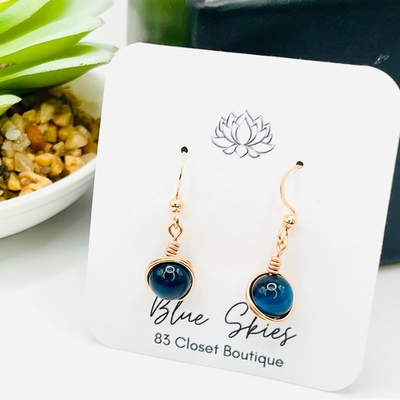 Rose Gold Blue Tigers Eye Earrings - Picture 2 of 8